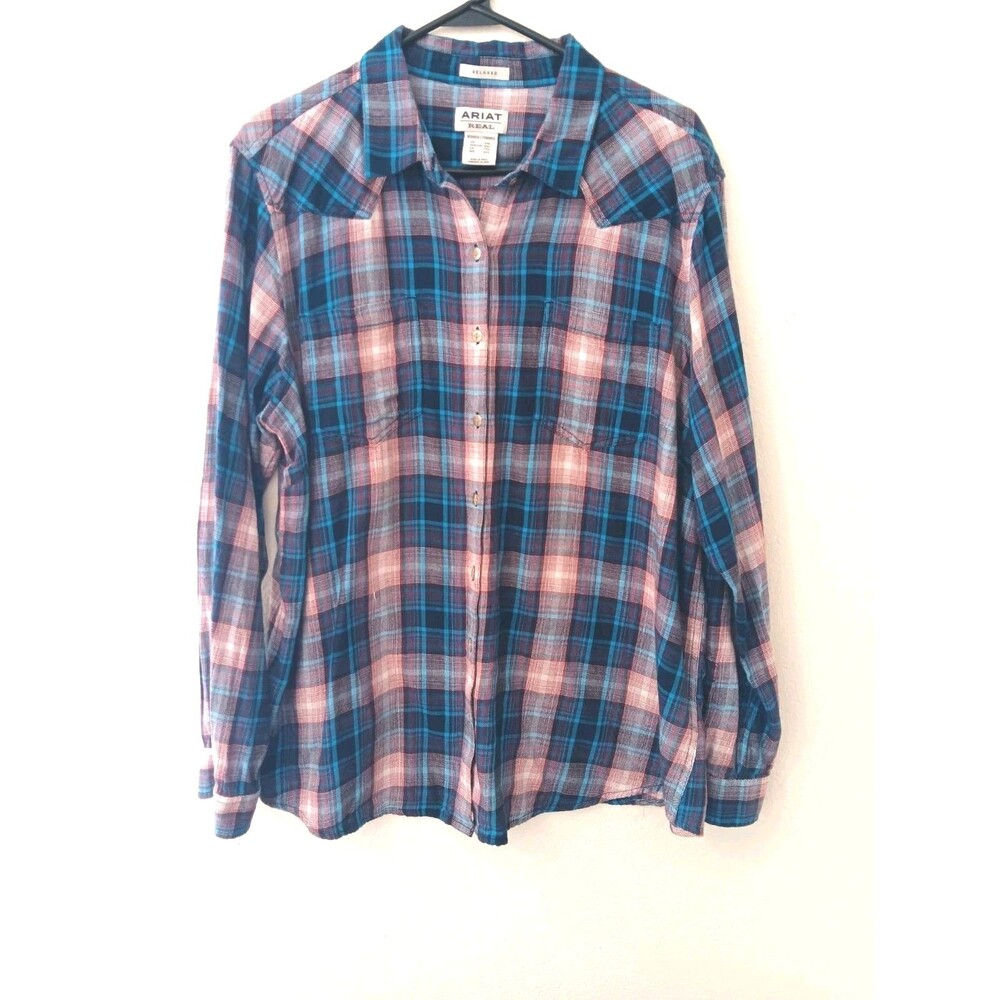 Ariat REAL Women's XXL Relaxed Fit Western Plaid Flannel Shirt Teal Burgundy